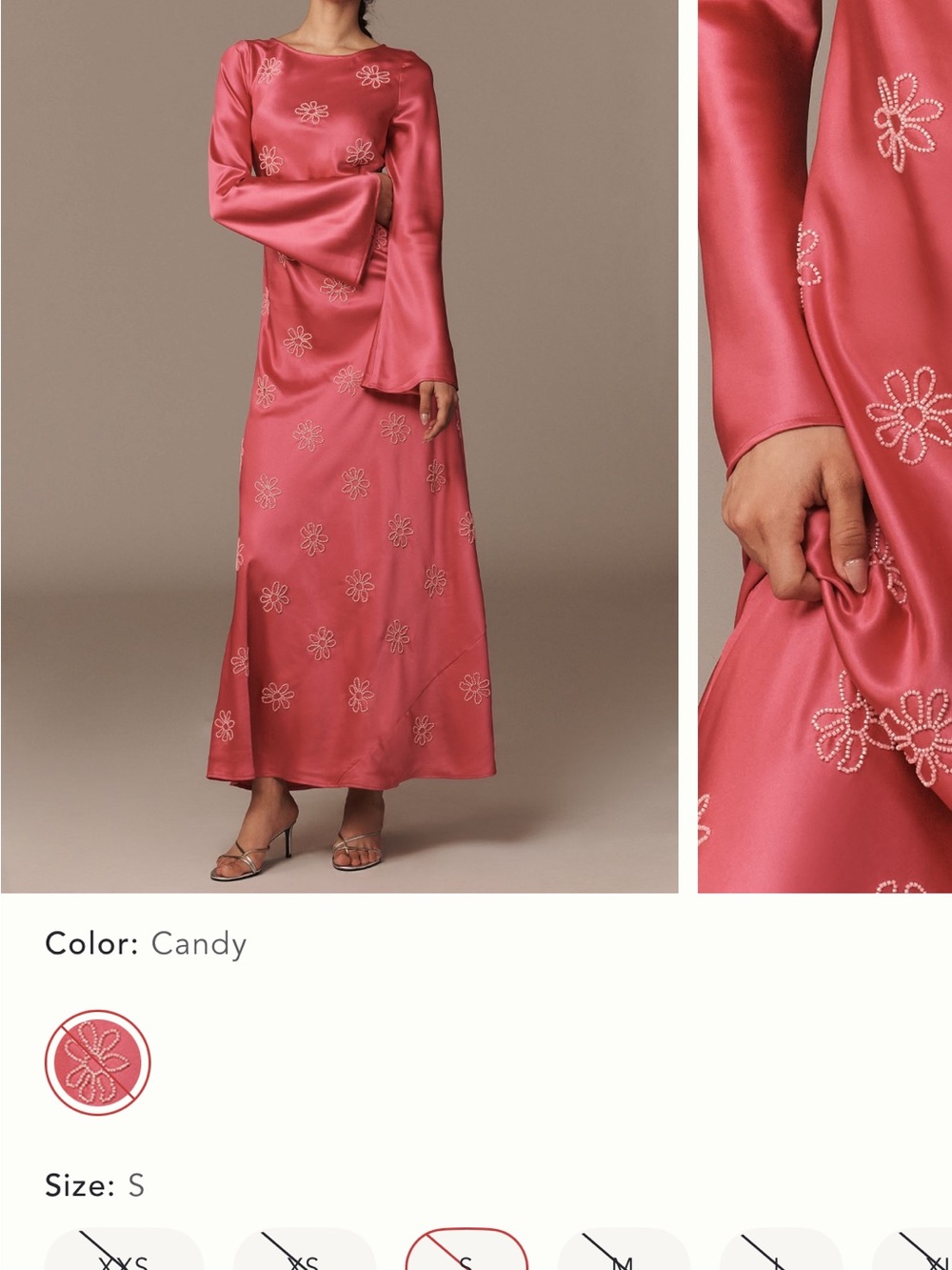 Anthropologie “The Wolf Gang” brand Pink Satin Maxi Dress Embroidered Flowers